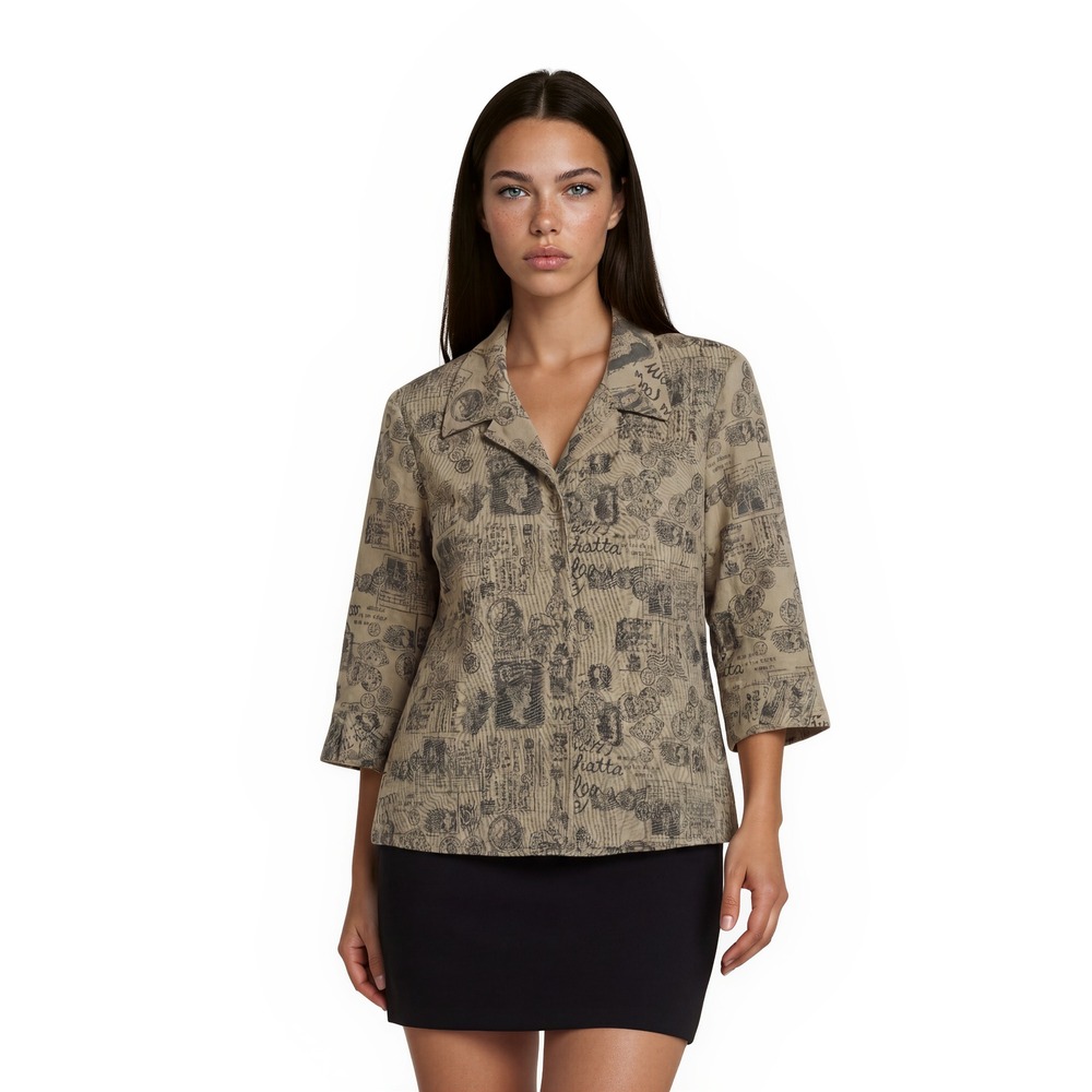 Vintage R&M Richards Jacket Women's Size 16 Black Tan Newsprint Stamp Button USA